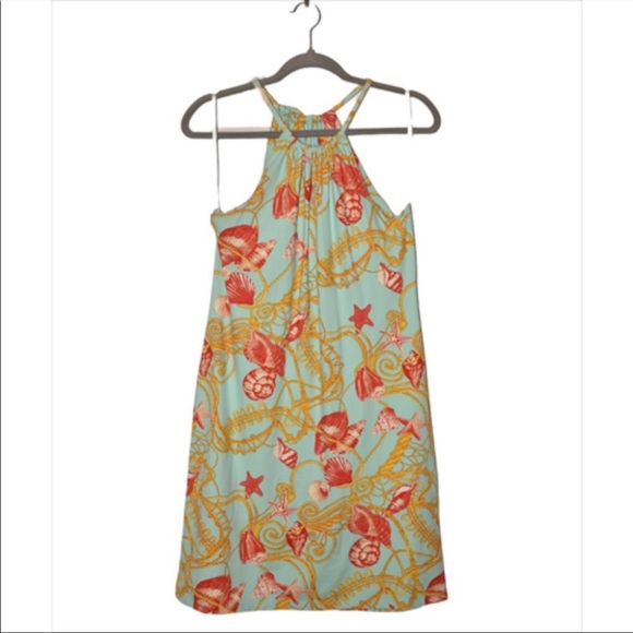 J. MCLAUGHLIN Catalina Cloth Shells & Rope Nautical Halter Dress Aqua Orange - Picture 2 of 11